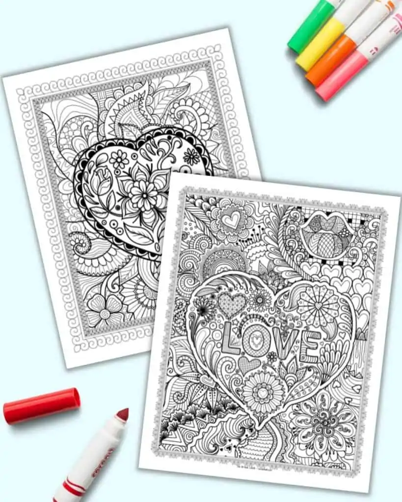 A preview of two heart coloring pages with colorful markers.