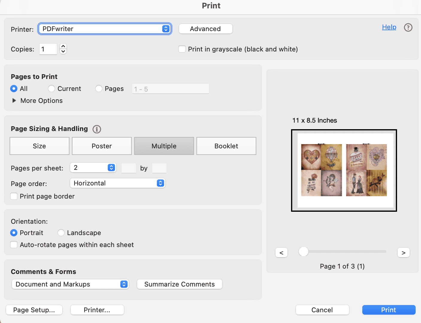 A print dialogue box from Acrobat Reader showing printing Valentines two up (two pages on one page)