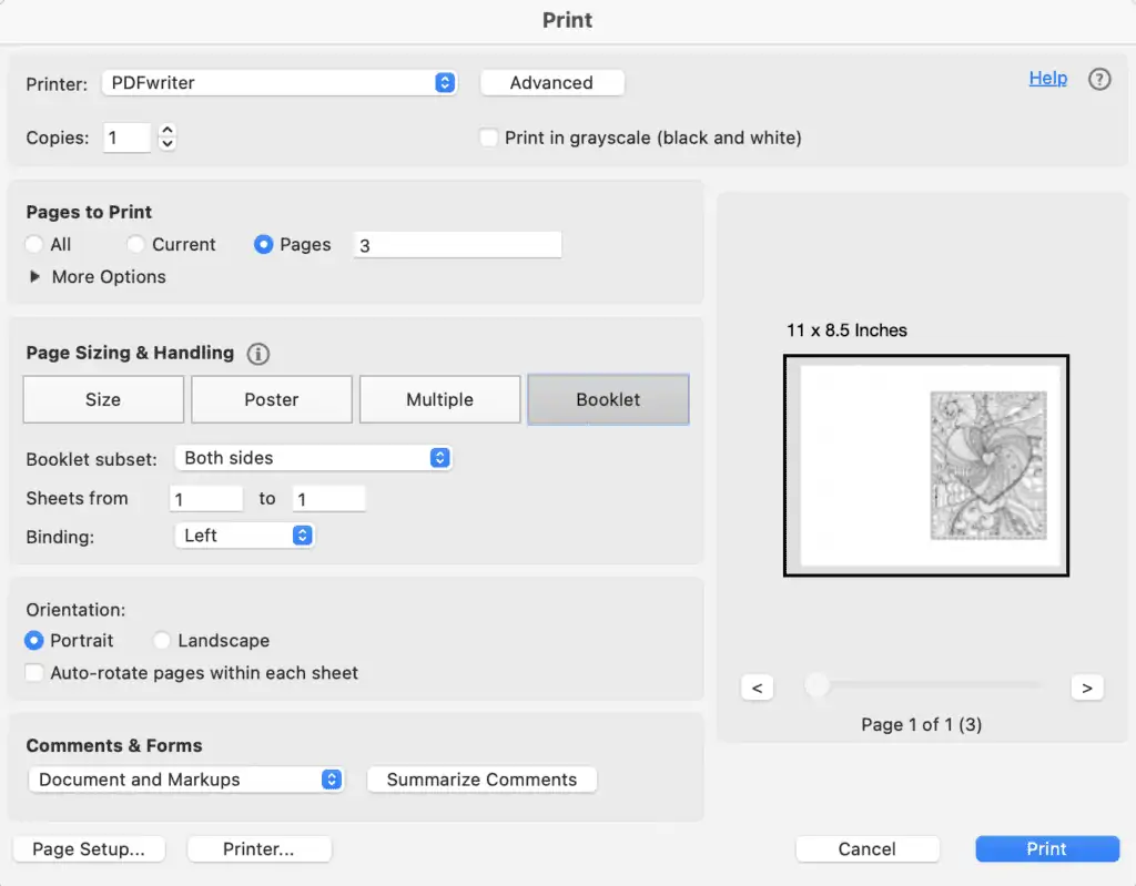 A print dialogue box showing printing a coloring page as a Valentine's Day card