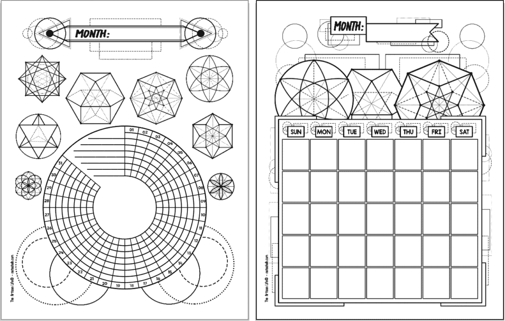 A sacred geometry themed habit tracker and an undated monthly calendar.