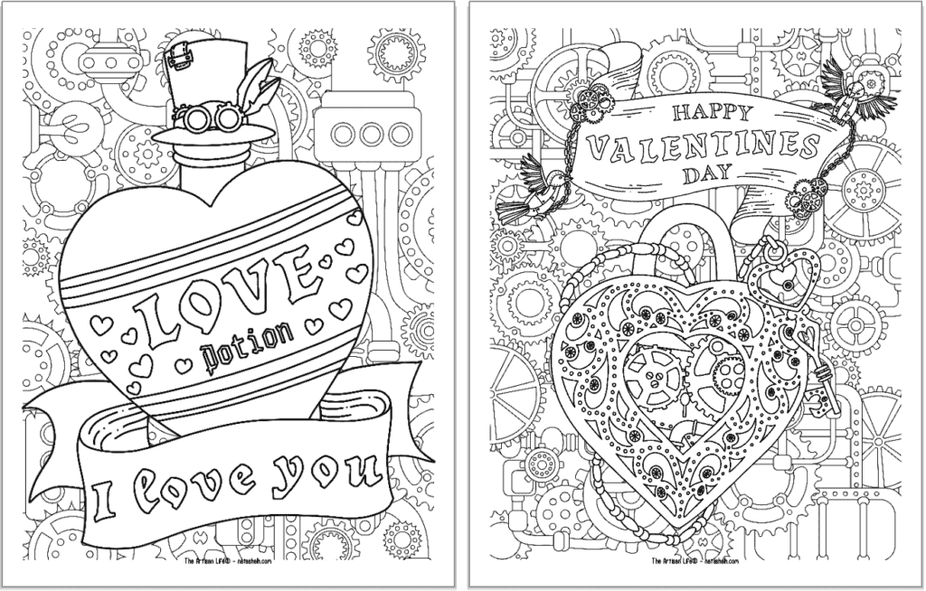 Two printable steampunk coloring pages with a Valentine's Day theme. Pages include a love portion and a locket. 