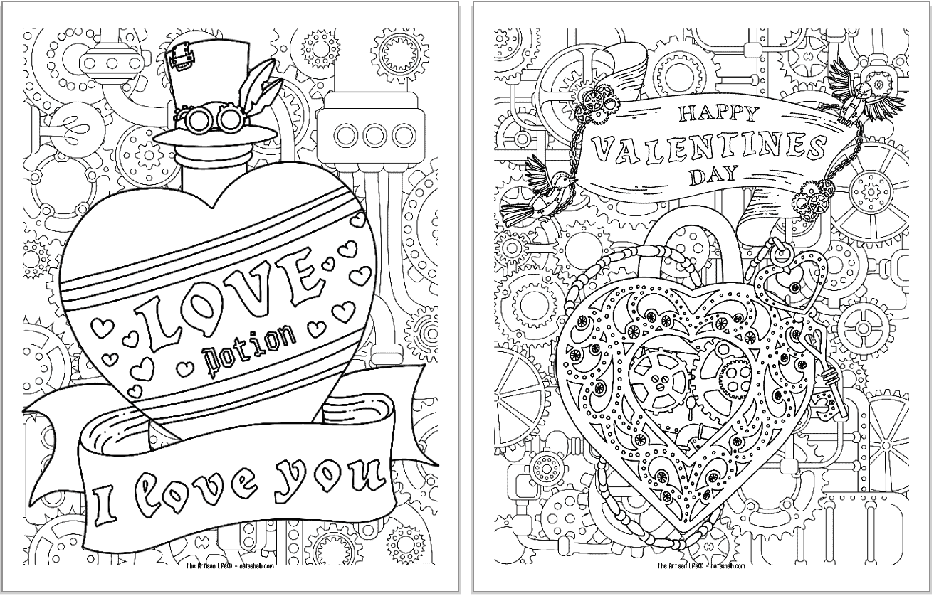 Two printable steampunk coloring pages with a Valentine's Day theme. Pages include a love portion and a locket.
