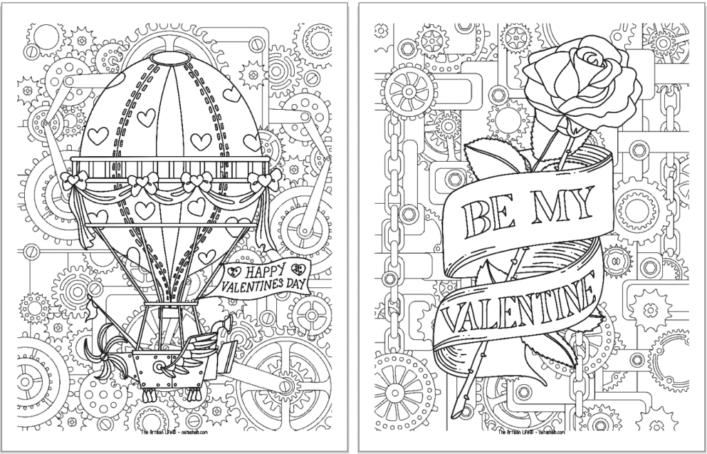 Two printable steampunk coloring pages with a Valentine's Day theme. Pages include an air ship and a rose.