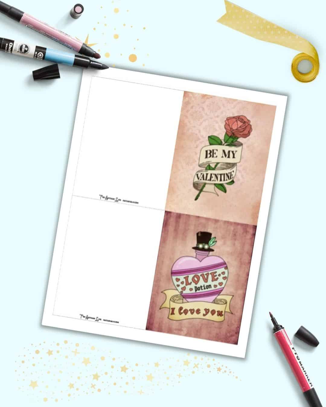 A page of printable Valentine's Day cards with a steampunk theme. There are two cards to print, cut out, and fold over.