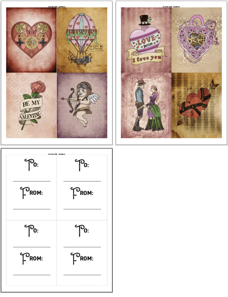 A preview with two pages of printable steampunk Valentine's Day cards and a card back with "to" and "From." Each page has four postcard style cards to print and cut apart.