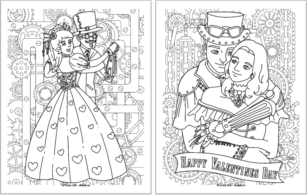 Two printable steampunk coloring pages with a Valentine's Day theme. Pages include a dancing couple and a couple with "Happy Valentine's Day"
