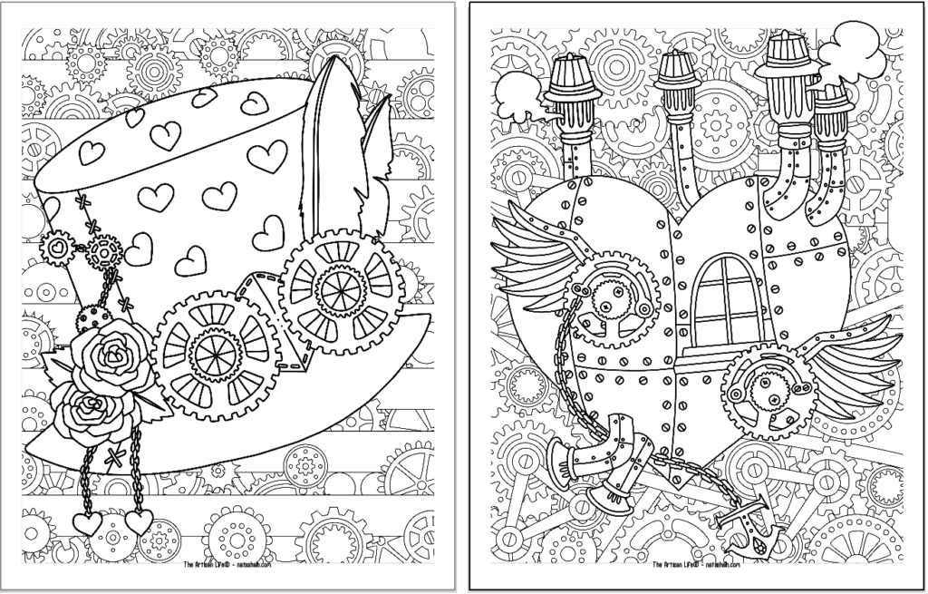 Two printable steampunk coloring pages with a Valentine's Day theme. Pages include a hat and a heart airship.