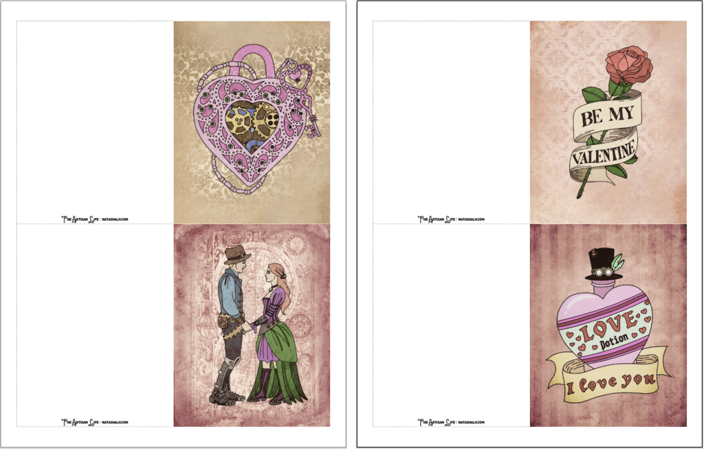 A preview with two pages of printable steampunk Valentine's Day cards. Each page has two fold-over cards to print and cut apart.