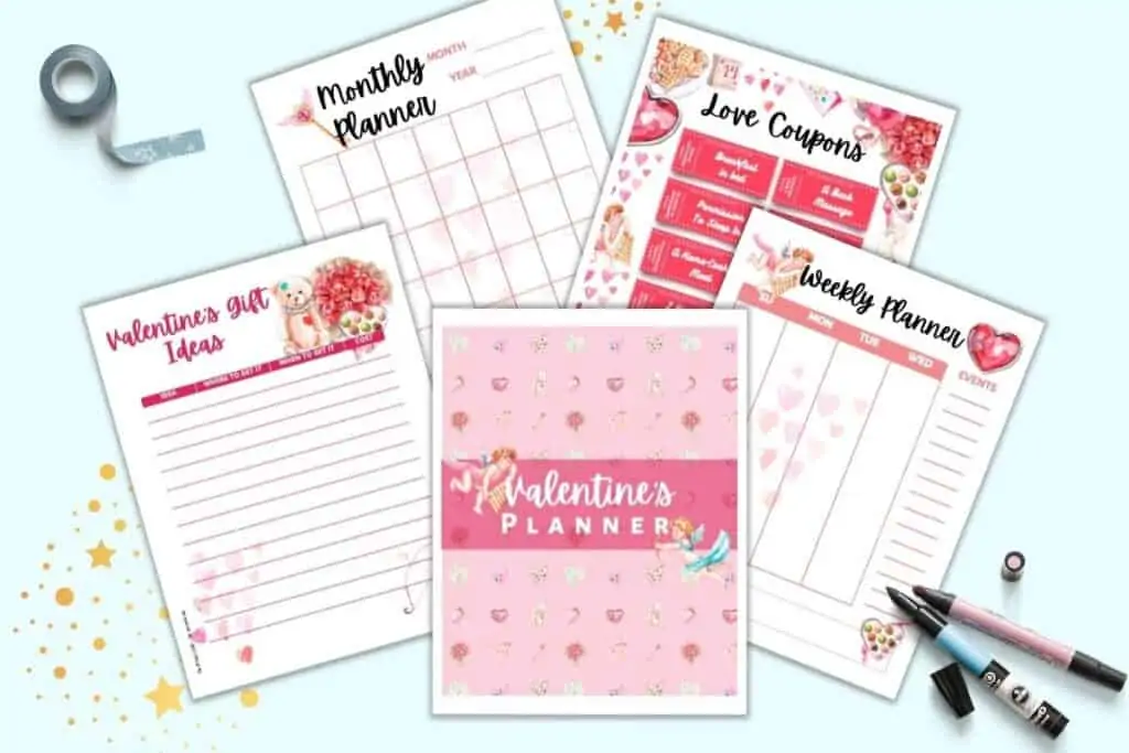 A preview of a Valentine's Day planner with a cover page, weekly planner page, monthly planner, love coupons, and Valentine's Day gift ideas page.