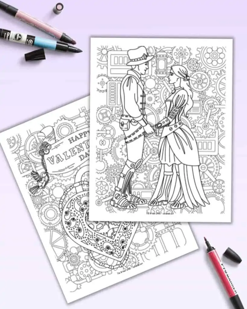 A preview of two printable steampunk coloring pages with a Valentine's Day theme 