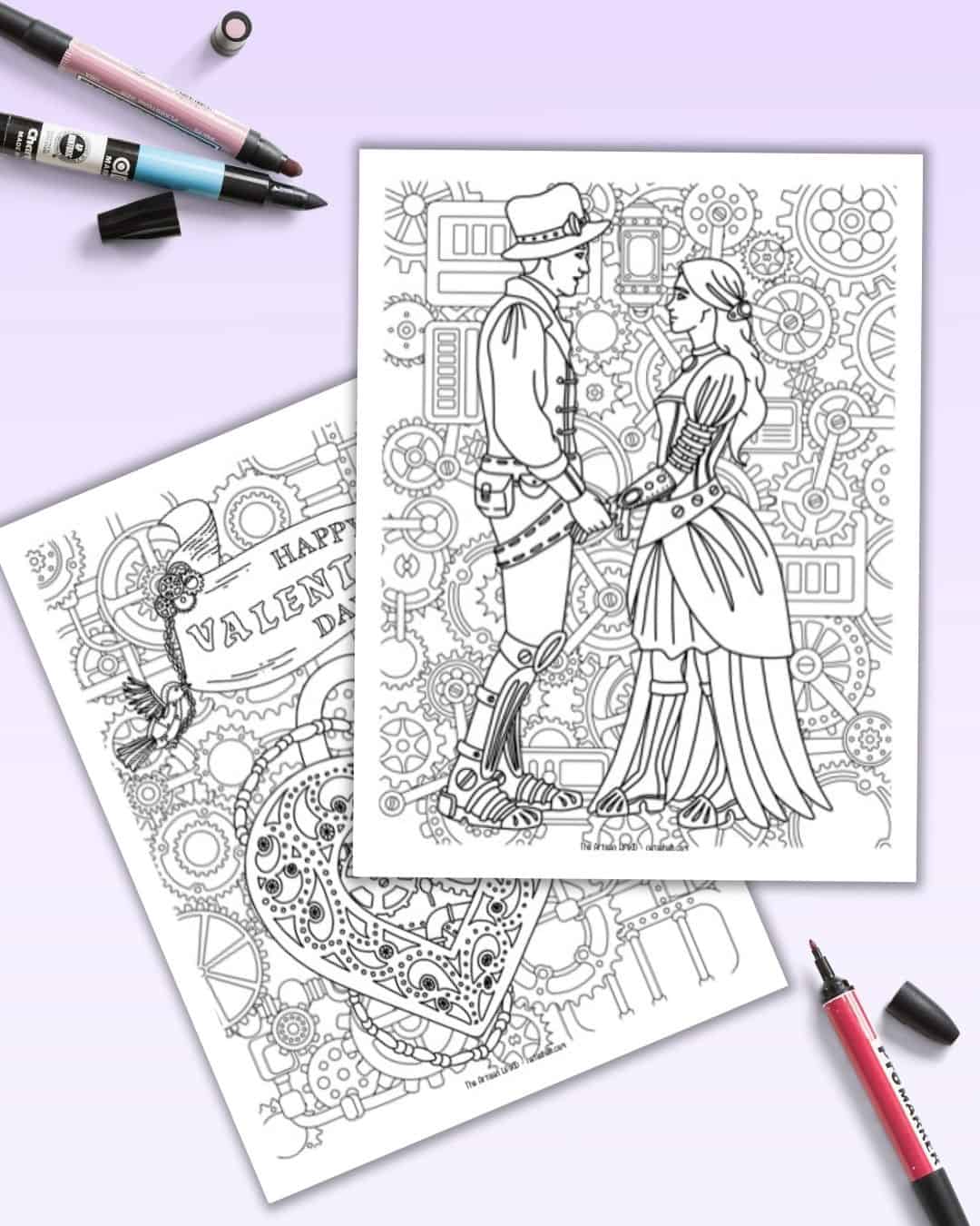 A preview of two printable steampunk coloring pages with a Valentine's Day theme