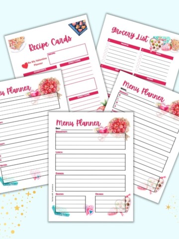 A preview of three menu planner pages, a recipe card printable, and a shopping list printable for February.