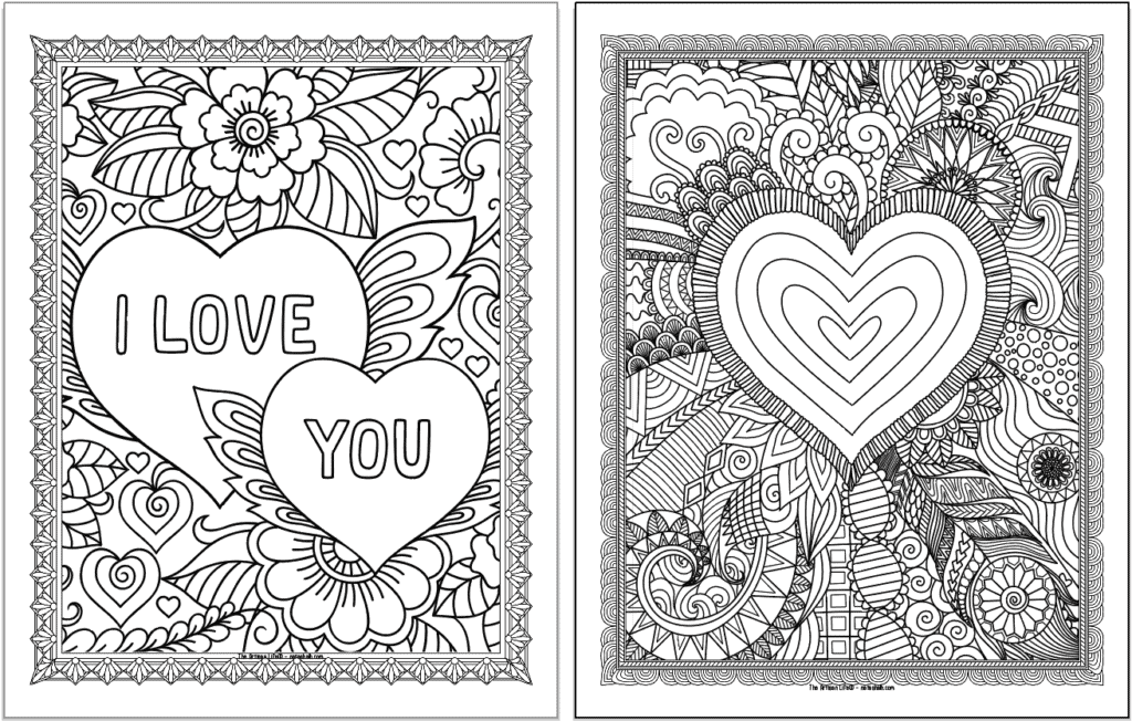 A preview of two zen-style heart coloring pages for adults.