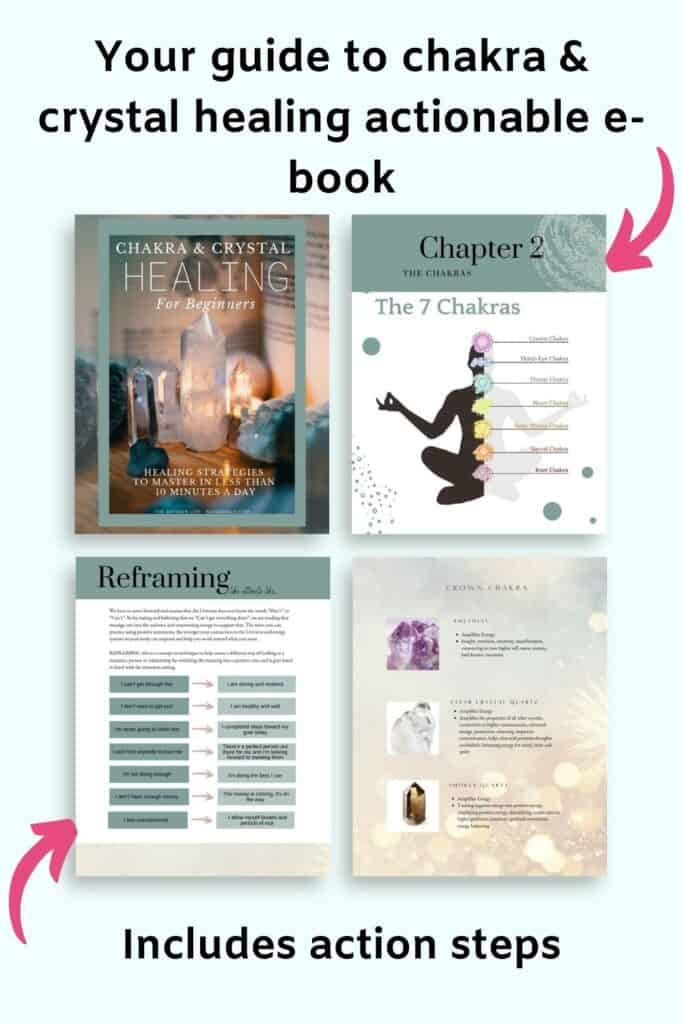 Text "Your guide to chakra and crystal healing actionable ebook - includes action steps" with a preview of four pages from inside the book
