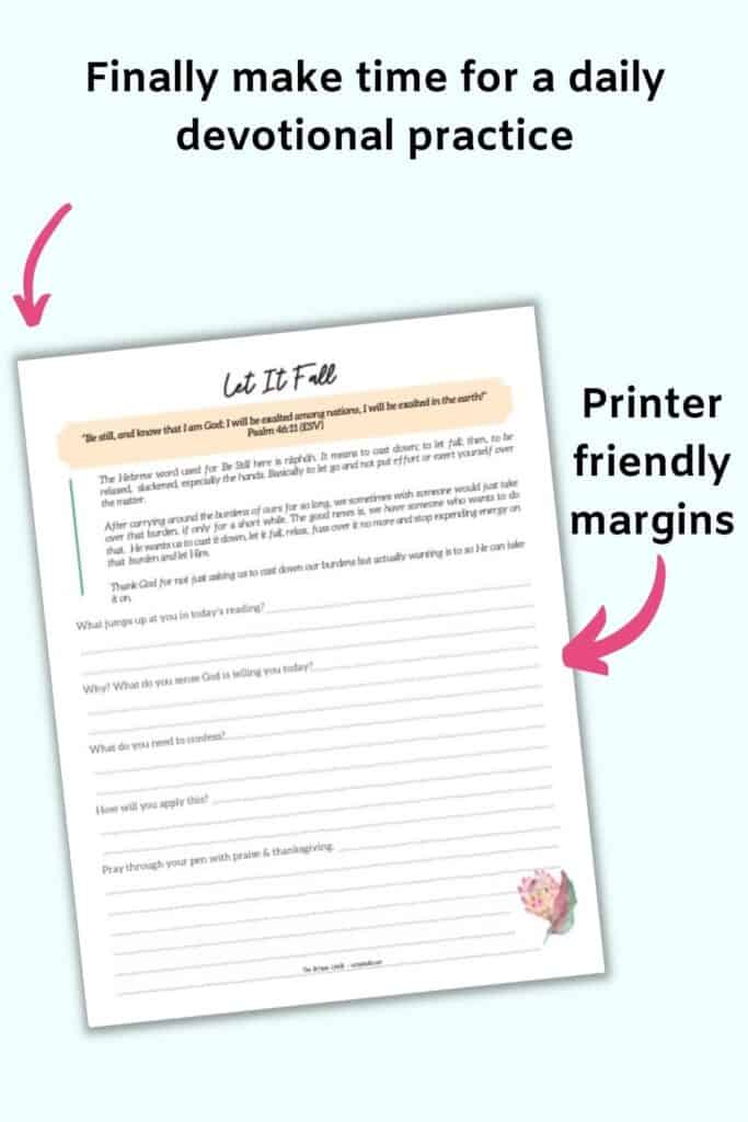 Text "finally make time for a daily devotional practice" and "Printer friendly margins" with arrows pointing at a guided devotional gratitude journal page with a Bible quotation on top and journal prompts below.