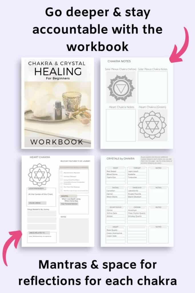 Text "go deeper and stay accountable with the workbook | mantras and space for reflections for each chakra"