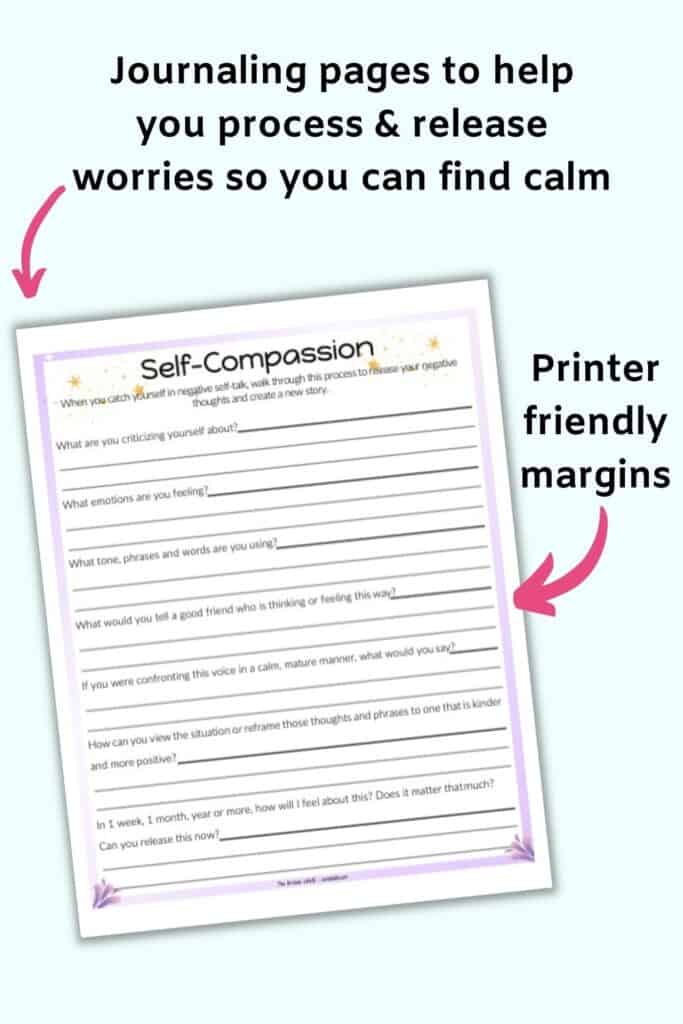 A "self-compassion" journal page with the text overlay "printer friendly margins" and an arrow