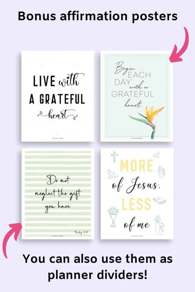 Text "bonus affirmation posters" and "You can also use them as planner dividers!" with arrows pointing at four positive posters with Christian affirmations.