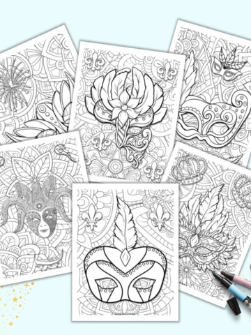 A preview of six detailed Mardi Gras mask coloring pages on a light blue background with a pink marker and a blue marker.