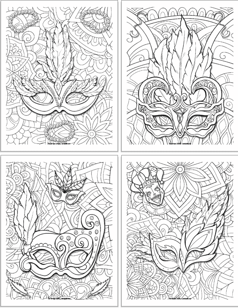 Four Mardi Gras mask colorings pages. Each page has one or more masks and a detailed floral background to color. The first page also has Mardi gras beads and the last page has a jester's mask.