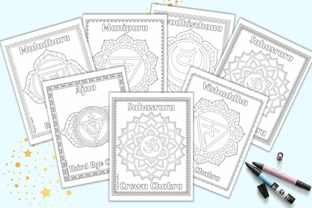 A preview of seven chakra coloring pages. Each page has a coloring mandala with the chakra's name in English and Sanskrit translation