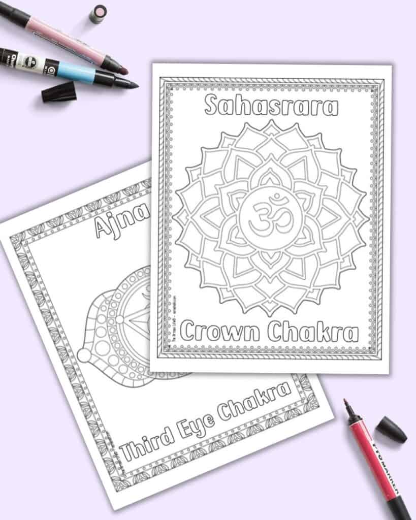 A preview of two chakra coloring pages. The top have is for the crown chakra and the bottom page is for the third eye chakra.