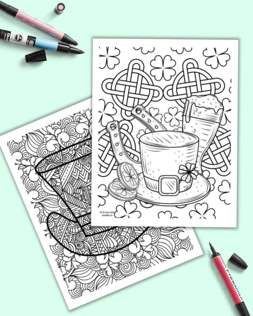 A preview of two printable St. patrick's Day coloring pages on a light green background. The front image has a hat with a horseshoe, a beer, coins, shamrocks, and celtic knots. The page behind has a hat with zen style details to color.