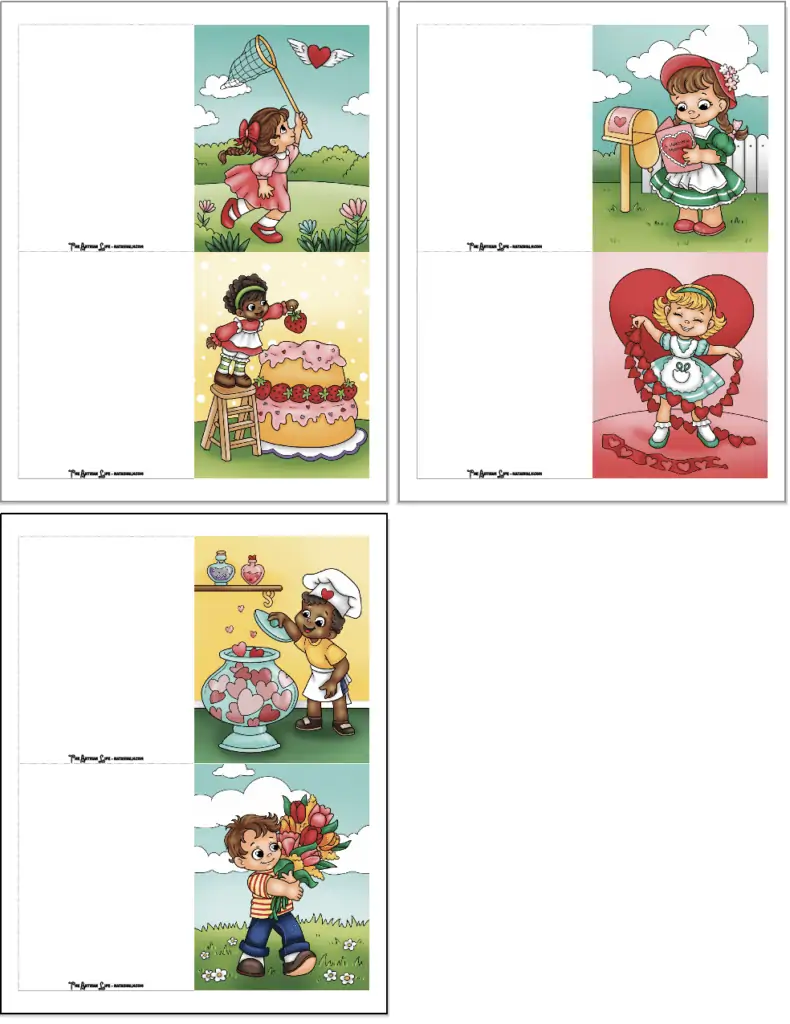Three pages of fold-over Valentine's Day cards for children. Each card has a cute Valentine's Day themed boy or girl.