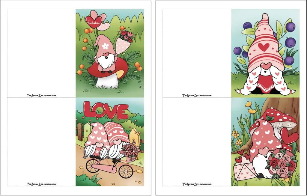 A preview of two pages with two printable gnome valentine cards apiece