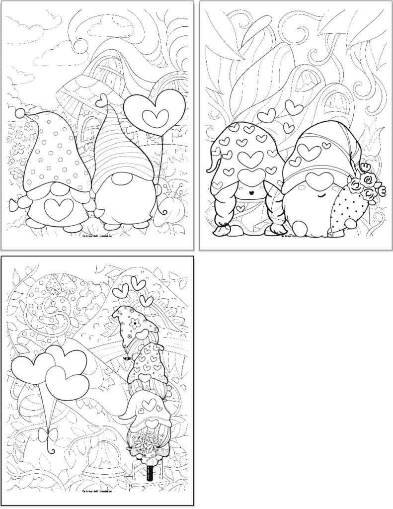 Three Valentine's Day gnome coloring pages including a gnome double with a heart balloon, a gnome couple with flowers, and a trio of gnomes with balloons 