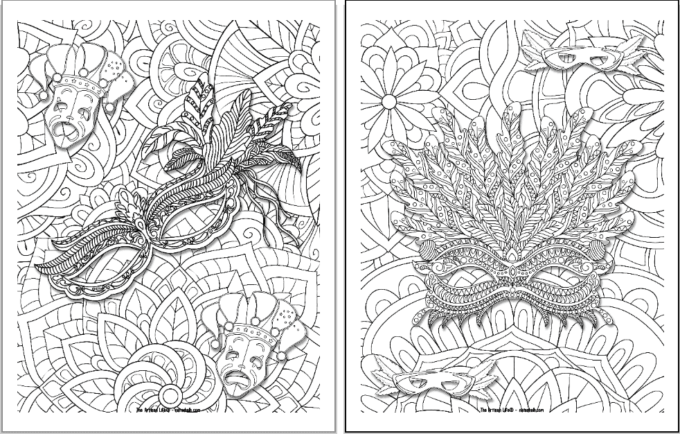 Two Carnival mask coloring pages. Each page has a detailed mask to color on a geometric floral background. 