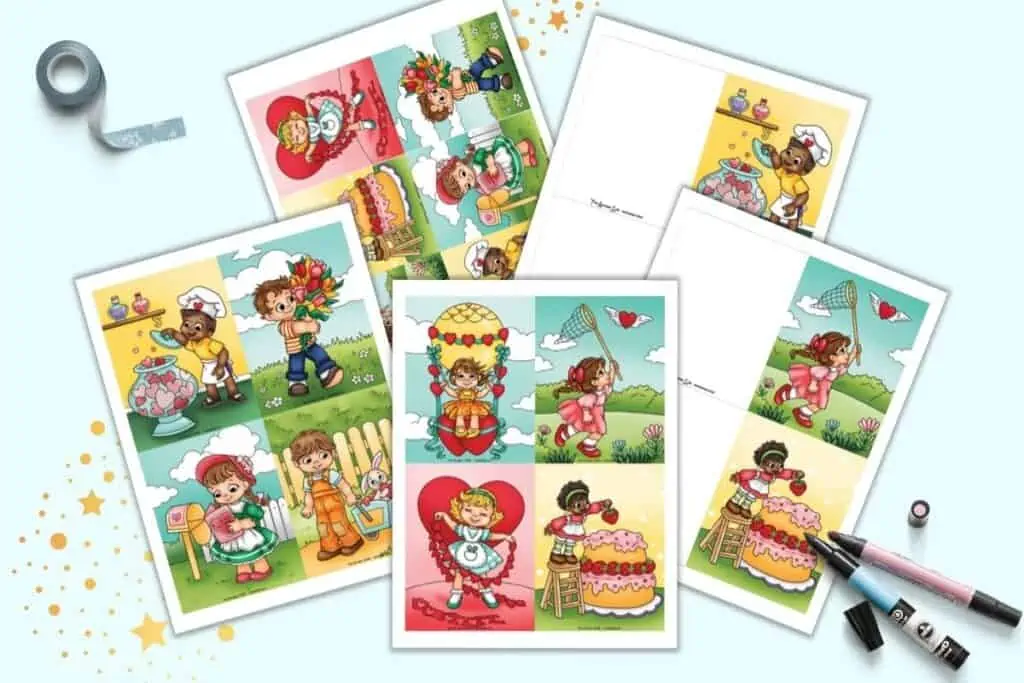 A preview of five pages of printable Valentine's Day cards for children. Two pages have 4 postcard style cards, one has 6 smaller card exchange cards, and two pages have fold-over style cards.