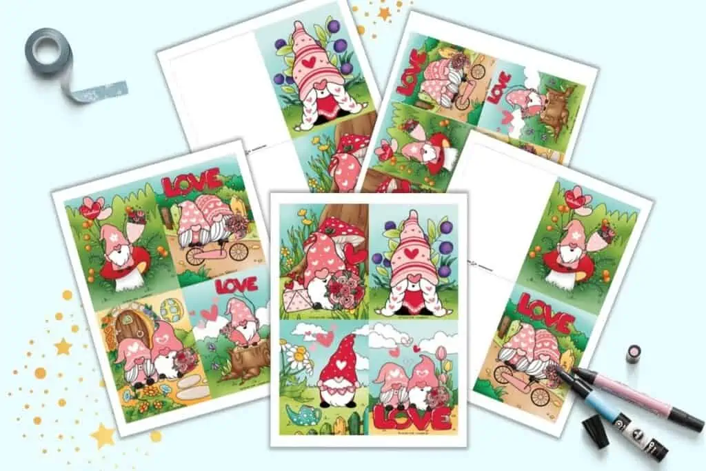A preview of five printable gnome valentines card sheets. Two pages have four postcards each. Two pages have two fold-over cards a piece. The final page has six smaller, card exchange style cards.