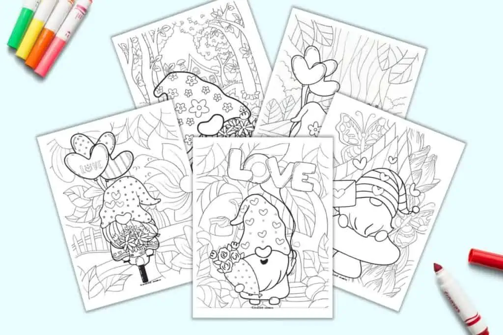A preview of five printable Valentine's Day themed gnome coloring pages.