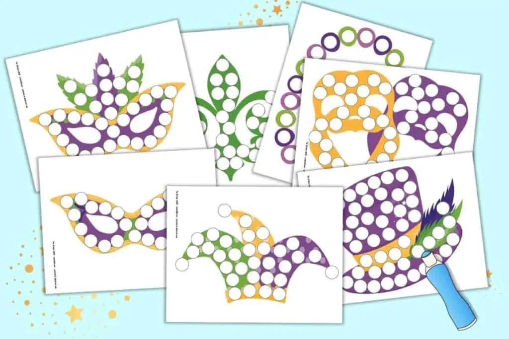 Seven printable dab it marker pages for Mardi Gras including a Jester's hat, a topcoat, two masks together, two individual masks, and a flour de lis.