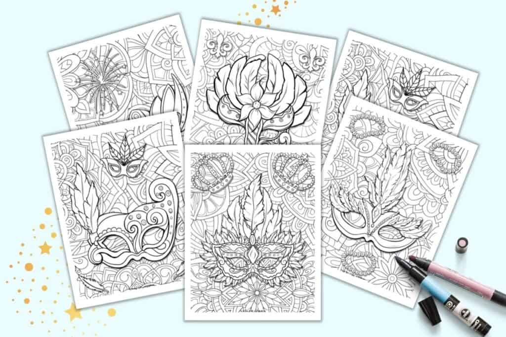 A preview of six printable Mardi Gras mask coloring pages. Each page has one or more masks on a geometric floral background to color.