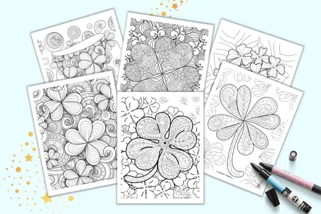 Six detailed, zen-style shamrock coloring pages for adults on a light blue background 