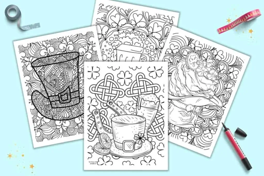 A preview of four printable St. Patrick's Day coloring pages for adults with detailed designs to color including hats, beer, shamrocks, and gold coins.