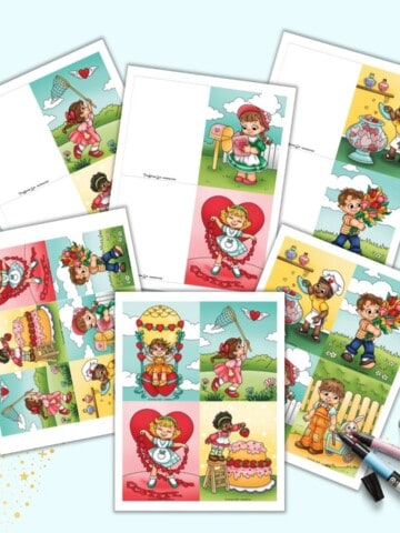 A preview of six printable pages of Valentines for children. Two paves have four postcard style cards, one page has 6 small cards, and two pages have larger, fold-over cards