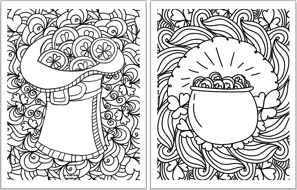 A preview of two printable St. Patrick's Day coloring pages for adults. Each page has detailed designs to color including: a hat filled with coins and a pot of gold