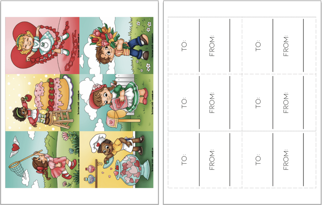 Two pages of Valentine printable. One has six small Valentine's Day cards for children and the other page has backs to print with "to" and "from"