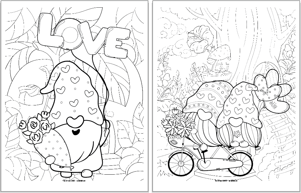 Two gnome Valentine's Day coloring pages including a gnome with a "Love" balloon and a gnome couple on a bike