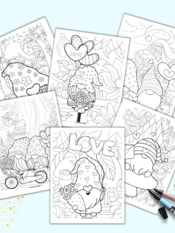 A preview of six gnome Valentine's Day coloring pages on a light blue background with two open markers