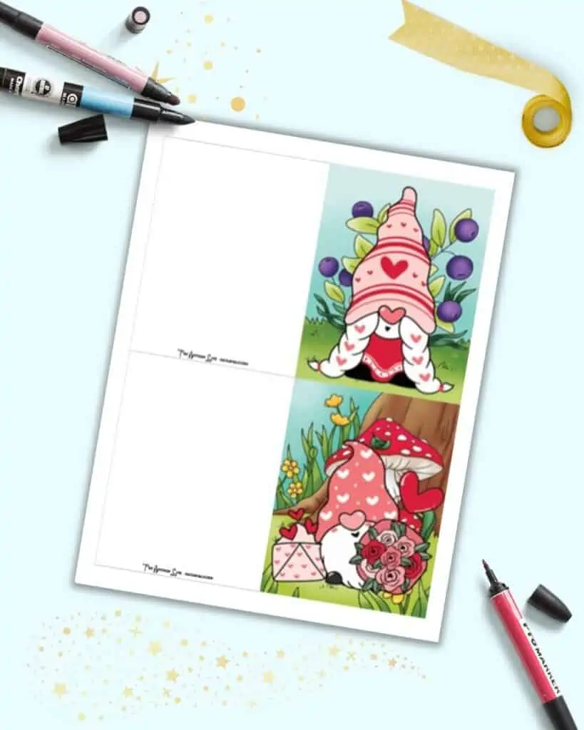A preview of a page to print with two gnome valentine cards