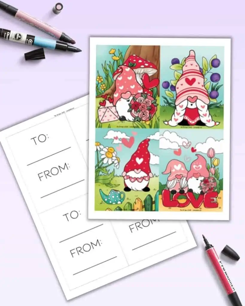 A preview of a page with four gnome postcard Valentines and a back page with "to" and "from"
