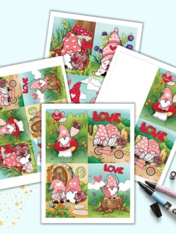 A preview of four pages of printable gnome themed valentine card. two pages have four postcard Valentines, one page has two folder cards, and one page has six small valentines