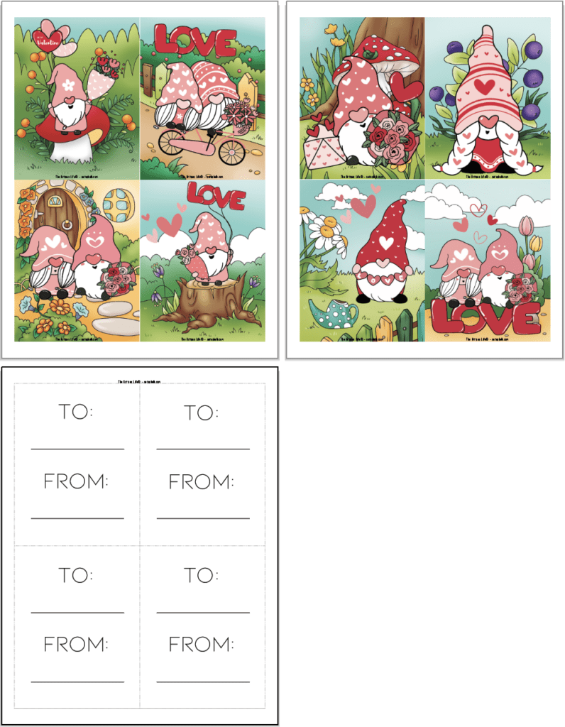 A preview of three pages. Two page have four gnome valentines each. The third page has "to" and "from' for the backs.