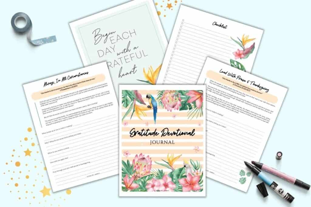 A preview of five pages of gratitude devotional journal printable including a cover page with pastel tropical art, two journal pages with Bible verses and journaling prompts, ap rinsable checklist, and an affirmation poster.