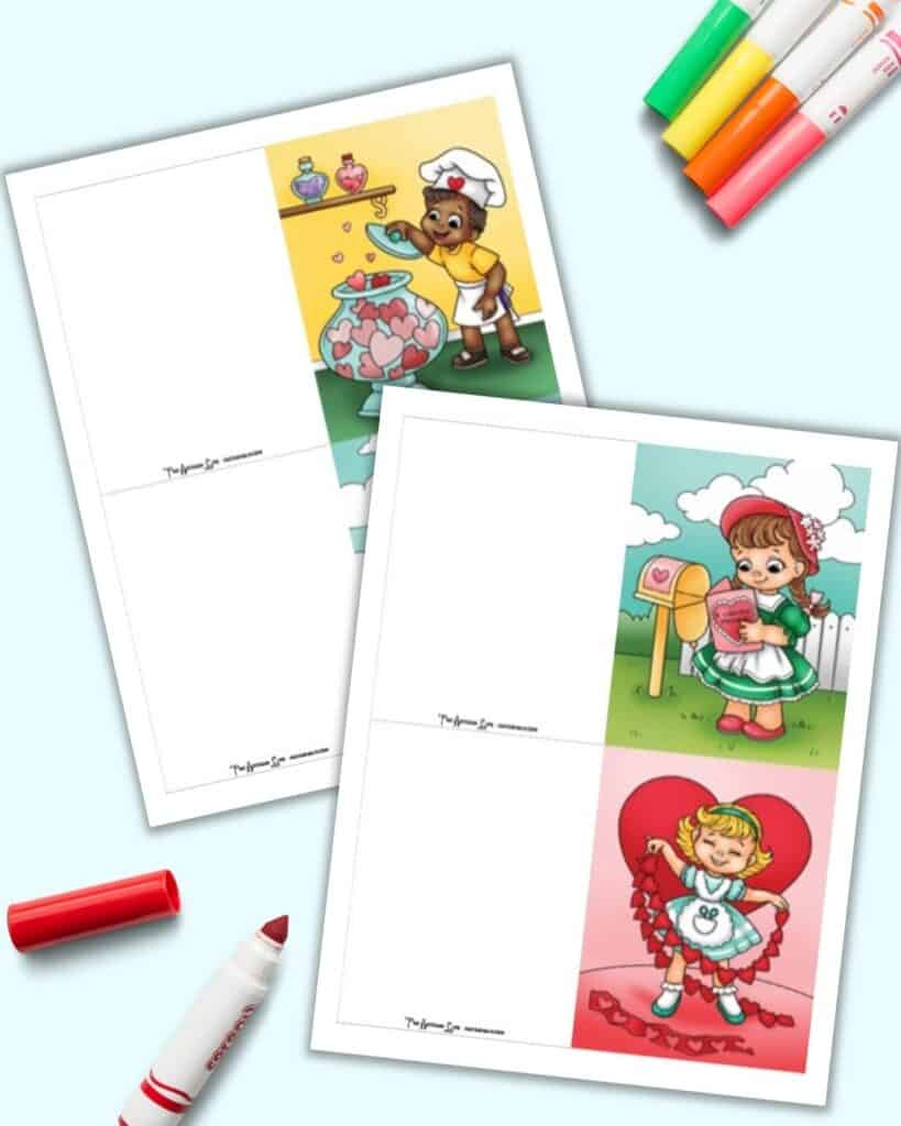A preview of two pages of printable fold-over Valentines' Day card with two cards apiece. 