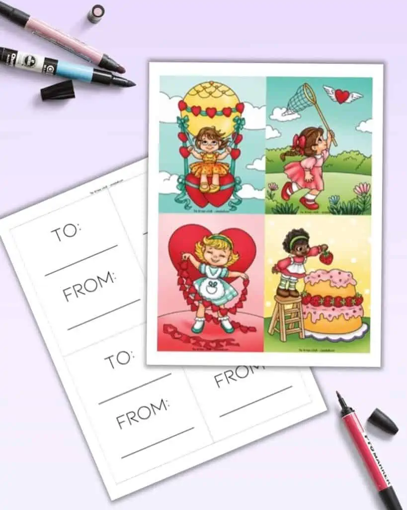 A preview of a page of printable Valentines for children. One page has four postcard style cards and the other page is a back with "to" and "from"